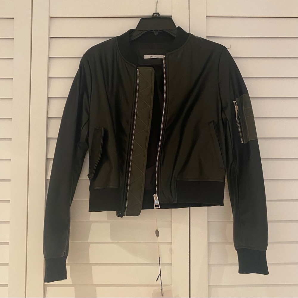 Berna Italian Black Leather/Textile Crop Bomber Jacket Small